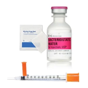 A reconstitution kit including a hypodermic needle, a large vial of BAC water and an antiseptic wipe.