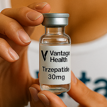 Woman holding a vial of tirzepatide.